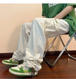 WIAOFELLAS  -  American Retro Workwear Pants Men's High Street Ins Trendy Loose Straight Leg Mop Pants with Multiple Pockets Casual Pants
