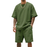 WIAOFELLAS  -  Men's Summer American-Style Loose Heavy Sweater High Street Hip-Hop Sport Short-Sleeved Set with Shorts