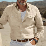 Wiaofellas  -  Vintage Solid Color Mens Cotton Linen Shirts Long Sleeve Buttoned Stand Collar Shirt For Men Spring Casual Loose Men's Tops