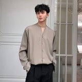WIAOFELLAS  -  Fashion Streetwear Flat V-neck Loose Trend Long Sleeve Shirt Men's Khaki Long Sleeve Korean Tide Top Autumn New 2Y2282