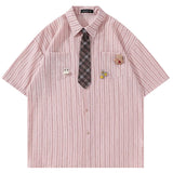 WIAOFELLAS  -  Summer Preppy Style Stripe Shirt With Tie Women Korean Chic Short Sleeve Y2k All-Match Tops Vintage Harajuku Girl Blouse Clothes