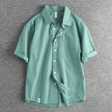 WIAOFELLAS  -  Summer small fresh retro striped short-sleeved shirt men's simple pocket design loose all matching youth thin shirt