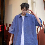 WIAOFELLAS  -  Trendy Men's Plaid Spliced Pocket Short Sleeve Loose Shirts Fashion Summer Lapel Single-breasted Blouses Male