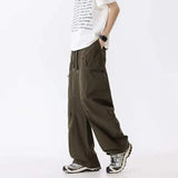 WIAOFELLAS  -  Simple Men's Cargo Pants Zipper Patchwork Elastic Waist Wide Leg Bottom Straight Drawstring Loose Male Trousers 24K4252
