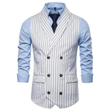 Wiaofellas  -  Black White Grey Vertrical Striped Vests Male Double Breasted Office Vest Coat Men Business Sleeveless Jacket Lapel Collar