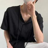 WIAOFELLAS  -  Shirts for Men Summer New High-end Advanced Designed Loose Niche Japanese Retro Style Solid Collarless Short-sleeved Shirt