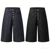 Wiaofellas  -  Men Denim Jorts Five Button Fly Wide Leg Bermuda Shorts Vintage Loose Straight Mid Length Jeans Y2K Skate Baggy Casual Bottoms