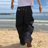 Wiaofellas  -  Men American Retro Raw Edge Denim Jeans Dark Blue Wide Straight Leg Pants Loose Baggy Streetwear Male Casual Trousers