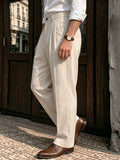 Wiaofellas  -  SS Men's Italian Neapolitan Linen Suit Pants, Solid Color Button High Waist Business Casual Trousers for Daily Fashion Wear