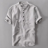 WIAOFELLAS  -  Mens Pullover Linen Shirts Short Sleeve Mens Quality Casual Shirts Slim fit Solid Mandarin Collar Cotton Shirts Men TS-155