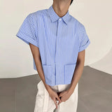 WIAOFELLAS  -  Men Striped Shirt Lapel Short Sleeve Pockets Men Clothing Streetwear Loose Button Korean Style Fashion Casual Male Tops