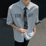 WIAOFELLAS  -  Niche Design Men's Shirts Tie Letter Printing Contrast Color Striped Short Sleeved Single Breasted Loose Male Tops