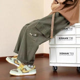 WIAOFELLAS  -  Preppy Style Solid Color Men's Clothing Spring Autumn Elastic Pockets High Waisted Casual Trousers Cargo Straight Bloomers Pants