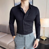 WIAOFELLAS  -  Double-breasted Camisa Masculino De Luxo Autumn Long Sleeve Slim Fit Striped Shirts Men Party Wedding Lapel Men's Dress Shirt