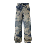 Wiaofellas  -  Brand New Mosaic Jeans Mens Chessboard Pattern American Streetwear Straight Leg Wide Leg Jeans Man Casual Clothing