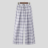 Wiaofellas  -  Men Plaid Pants Button Joggers Loose Casual Wide Leg Trousers Men Pleated Streetwear Baggy Fashion Wide Leg Pants