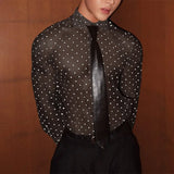 WIAOFELLAS  -  Men Shirt Polka Dot Printing Lapel Long Sleeve Button Men Clothing Mesh See Through Loose Fashion Male Shirts Streetwear