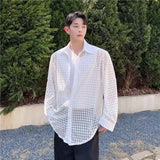 WIAOFELLAS  -  Fashion Men's Lace Plaid Solid Color Casual Loose Shirts Trendy Single-breasted Turn Down Collar Blouses Male Summer