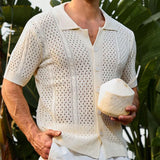 WIAOFELLAS  -  Summer Men's Retro Solid Color Short-Sleeved Shirt Knitted Hollow Fashion Casual Trend Loose Breathable Seaside Beach Men's Tops