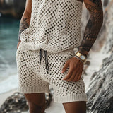 Wiaofellas  -  Beach Style Hollow Out Breathable Knitted Set Men Summer Sleeveless O Neck Tank Tops & Shorts Outfit Spring Solid Two Piece Suit