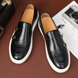 Wiaofellas  -  Men's Casual Shoes Embossed Leather Men Fashion British Style Penny Loafers Mens Slip-on Thick Sole Outdoor Flats