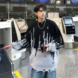 Wiaofellas  -  Winter Tie Dye Sweater Men Warm Hole Sweater Men Jumper Clothes Streetwear Loose Long Sleeved Sweater Mens Knitted Pullover
