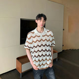 WIAOFELLAS  -  Fashion Men's Hollow Out Contrast Color Striped Casual T-shirt Trendy Loose Short Sleeves Lapel Tops Male Summer