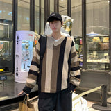 WIAOFELLAS  -  Autumn Men's Striped Men Knitted Sweaters Pullovers Harajuku Streetwear Tate V-neck Sweater Knitwear Striped Sweater A88