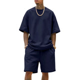 WIAOFELLAS  -  Men's Summer American-Style Loose Heavy Sweater High Street Hip-Hop Sport Short-Sleeved Set with Shorts