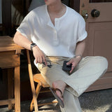 WIAOFELLAS  -  New Fashion American Style Men T-shirt Luxury Striped Knitted Henry Collar Tees Casual Solid Color Short Sleeve Breathable Tops