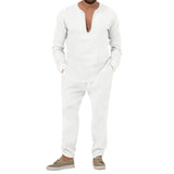 WIAOFELLAS  -  Spring Autumn Mens Suit Fashion Solid Color Casual T-Shirt Long Sleeve Cotton Linen V-Neck Shirt Long Pants Two-Piece Set