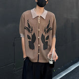 Wiaofellas  -  Mens Hollow Small Mesh Knitted Shirt Casual Daily Breathable Jacquard Lapel Short-Sleeved Top Men'S Clothing Summer New