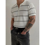 Wiaofellas  -  Summer Retro Striped Lapel Polo Shirt Men's Trendy Short Sleeved Knitted Sweater Pullover Slim Casual Business Social T-shirt