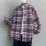 Wiaofellas  -  Streetwear Retro Plaid Printed Turn Down Collar Oversize Shirts Fashion Long Sleeve New Autumn Cardigan Fashion Hole Style Top