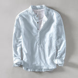 WIAOFELLAS  -  Cotton and linen top men's casual shirt Korean version slim fit solid color stand up collar pullover cotton and linen shirt men