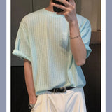 WIAOFELLAS  -  Texture Vertical Stripe Ice Silk T-shirt for Men Summer Thin Hanging Short Sleeved Pullover Tops Rugged Handsome T-shirts Soft