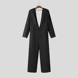 Wiaofellas  -  Men Jumpsuits Solid Color V Neck Long Sleeve Button Casual Male Rompers Streetwear Backless Hollow Out Fashion Overalls
