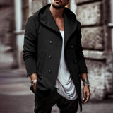 WIAOFELLAS  -  Autumn And Winter New Mens Medium-Length Windbreaker Fashionable Lapel Hooded Double-Breasted Solid Color Casual Windbreaker Men