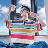 WIAOFELLAS  -  Summer New Knitted Short Sleeve T-shirt Men Fashion Casual Stripe T Shirt Men Streetwear Hip Hop Loose Tshirt Mens Tops