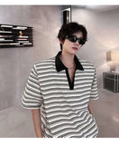 WIAOFELLAS  -  Trendy Men's Striped Contrast Color Shoulder Pads Loose T-shirts Fashion Casual Short Sleeves Lapel Tops Male Summer
