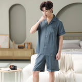 Wiaofellas New Summer Solid Color Pajamas Set Mens Big Yards Silk Satin Pyjamas Male Short Sleeve Shorts Nightgown Chinese Silk Sleepwear