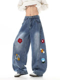 Wiaofellas  -  Spring Floral Appliques Washed Y2K Baggy Jeans For Men High Street Fashion Wide-Leg Denim Trousers New Hip Hop Straight Jean