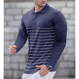 Wiaofellas  -  Men Striped Print Lapel Collar Long Sleeve Polo Shirt Autumn Winter Casual Daily Top
