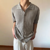 WIAOFELLAS  -  Fashion Men's Knit Hollow Out Texture Solid Color Shirts Trendy Single-breasted Lapel Casual Tops Male Summer