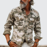 Wiaofellas  -  Men's Printed Lapel Long Sleeve Loose Shirt Multi-Pocket Casual Men's Work Shirt