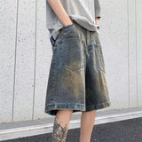 WIAOFELLAS  -  Vintage Men Gradient Soliced Big Pocket Denim Shorts Fashion High Street Loose Straight Short Pants Male Summer