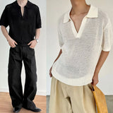 WIAOFELLAS  -  Summer New Men's Solid Color Hollow Short Sleeve T-shirt American Retro Fashion Trend Loose Simple Breathable Men's Tops