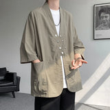 WIAOFELLAS  -  Niche Design Men's Shirts V-neck Solid Color Button Desig Ice Silk Big Pocket Casual Male Tops Summer Menswear