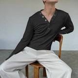 WIAOFELLAS  -  Men T Shirt Solid Color V Neck Long Sleeve Knitted Male Tee Tops Streetwear Fashion Casual Men Clothing Camisetas S-3XL