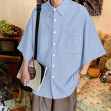 Wiaofellas  -  Men Striped Shirt Lapel Short Sleeve Button Casual Men Clothes Streetwear Summer Loose Fashion Tops For Man Shirts